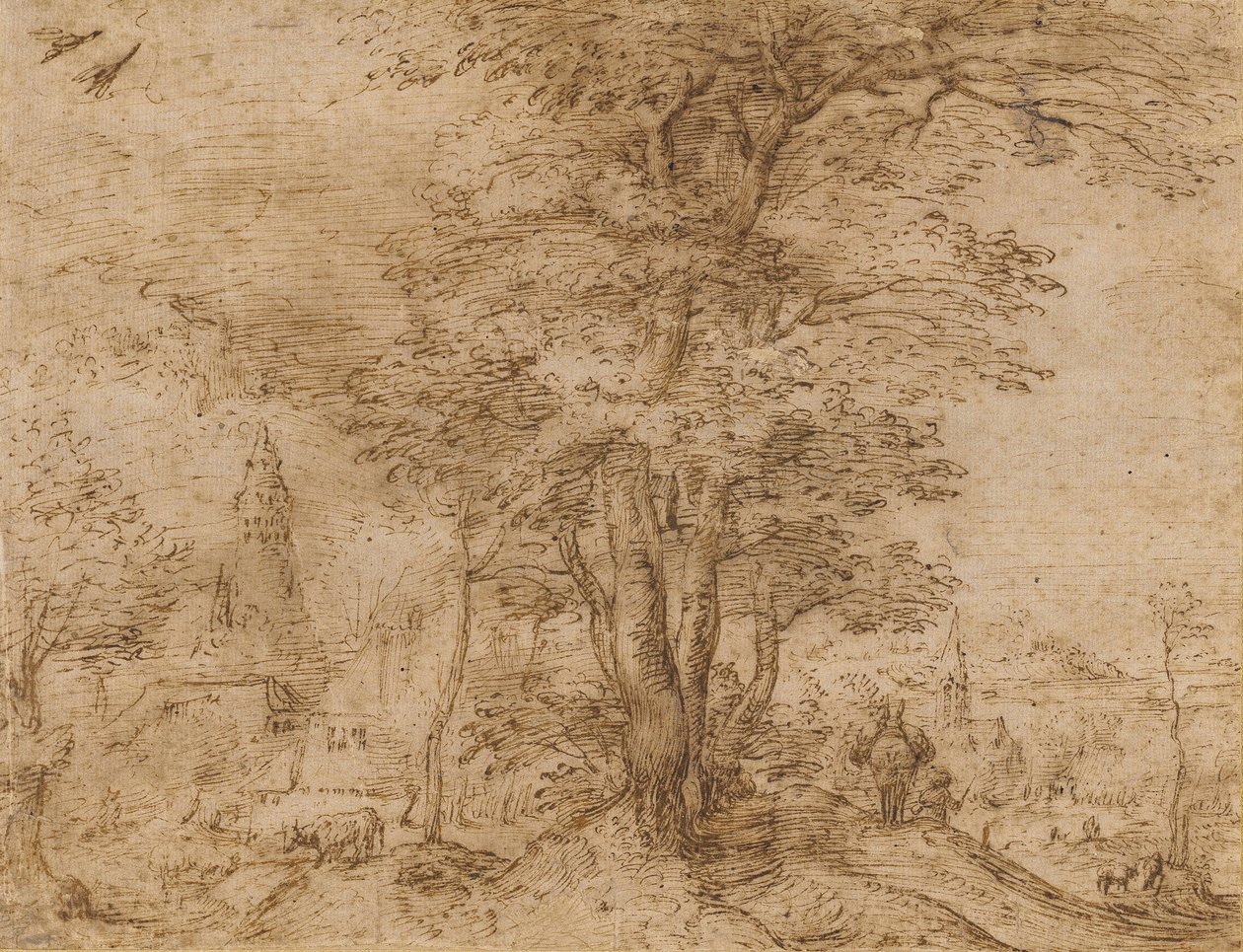 En landsby med en gruppe trær og et muldyr, ca. 1552-54 av Pieter Bruegel the Elder
