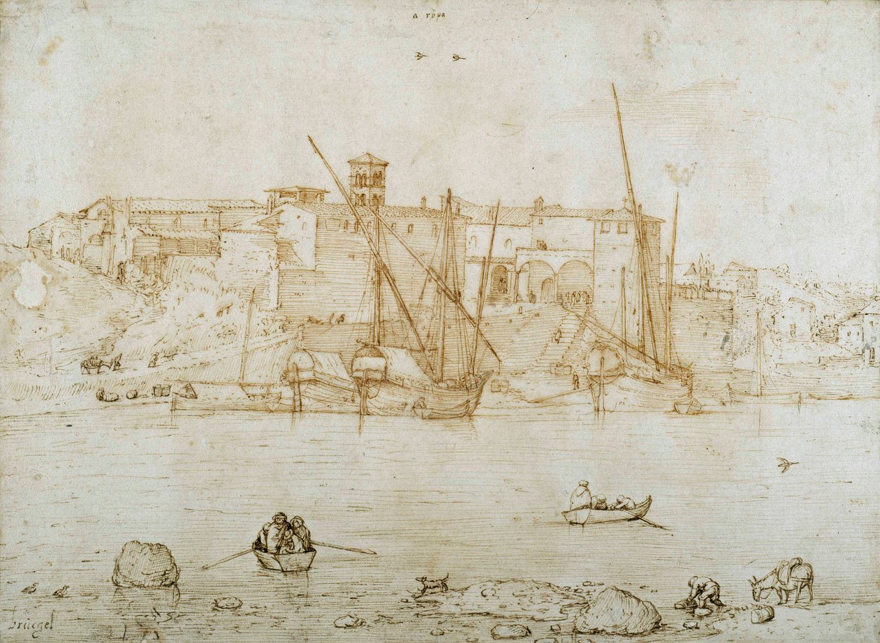 Utsikt over Ripa Grande, Roma, ca. 1552 (penn og blekk på papir) av Pieter Bruegel the Elder