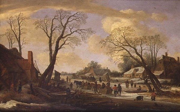 Et vinterelvelandskap med bønder og hestetrukne sleder av Pieter the Elder Molyn
