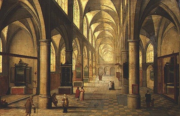 Interiør av katedralen med figurer (olje på panel) av Pieter the Elder Neeffs