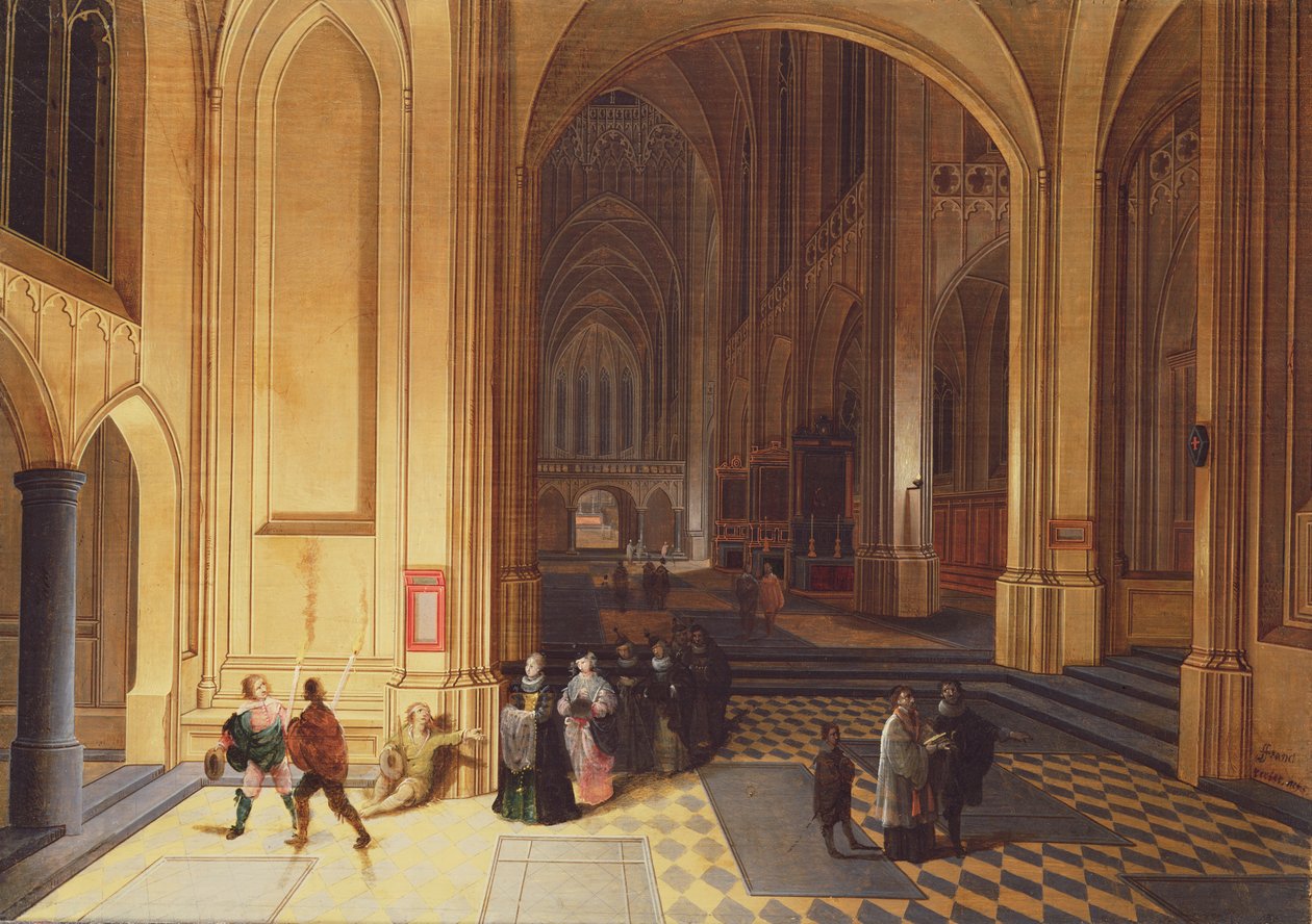 Interiør i en katedral med en tigger og andre figurer av Pieter the Elder Neeffs