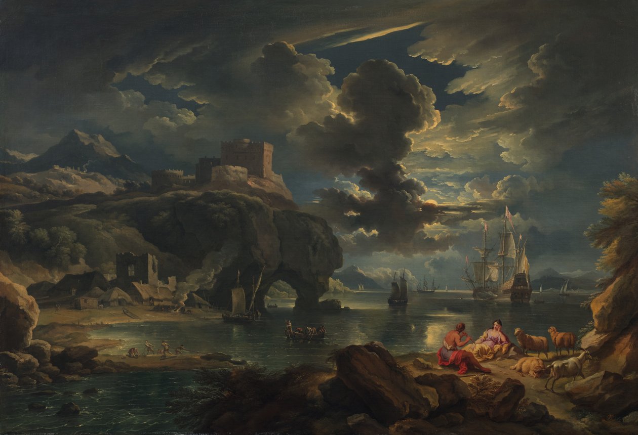 Et månebelyst kystlandskap fra Middelhavet, ca. 1700-01 (olje på lerret) av Pieter the Younger Mulier