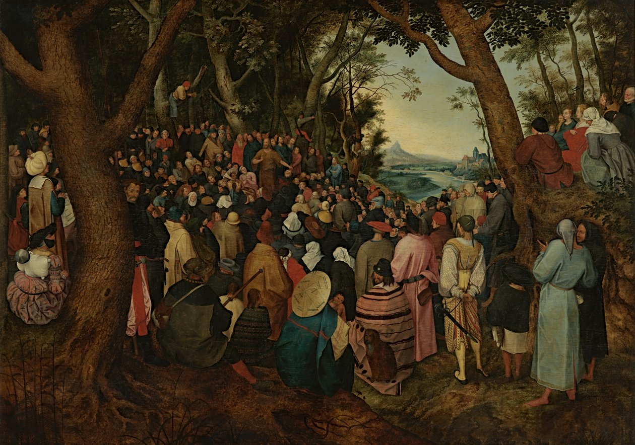 St. John Preaching to the Crowd (olje på panel) av Pieter the Younger (after) Brueghel