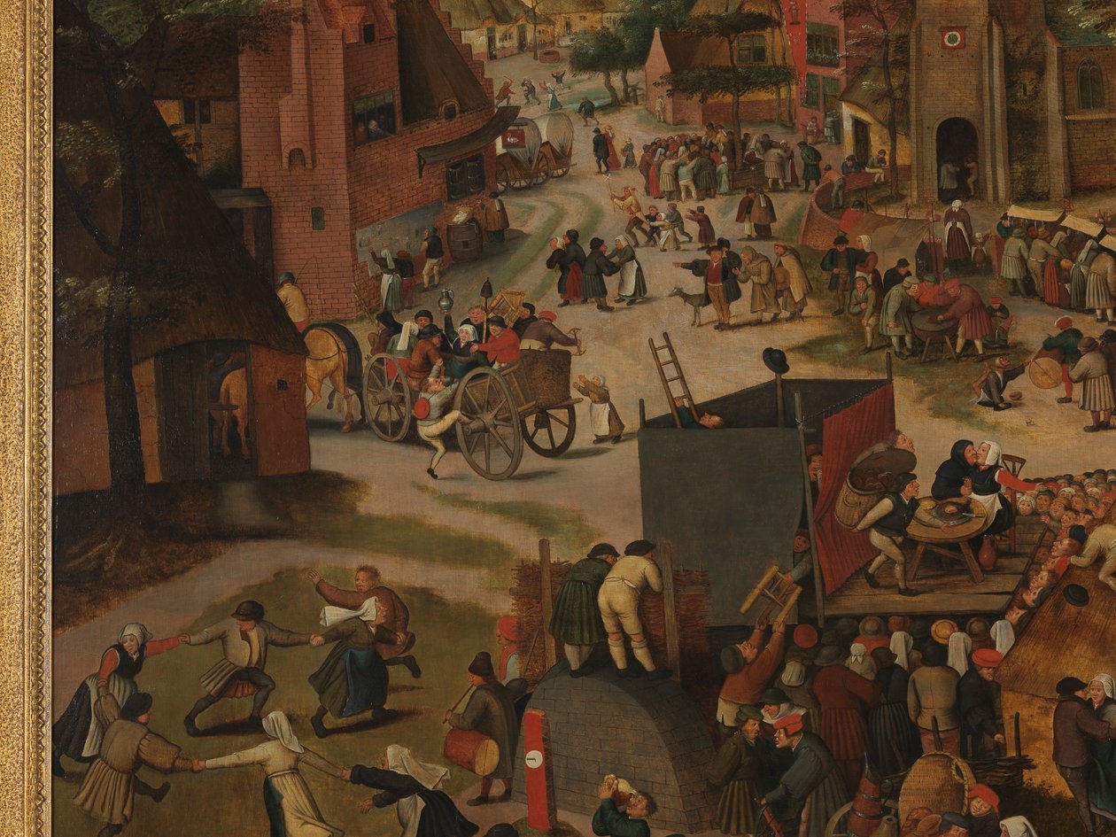 En landsbyfestival, med en teaterforestilling og en prosesjon til ære for St. Hubert og St. Anthony av Pieter Brueghel the Younger