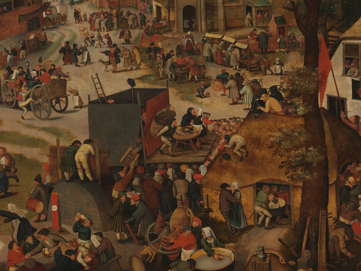 En landsbyfestival, med en teaterforestilling og en prosesjon til ære for St. Hubert og St. Anthony av Pieter Brueghel the Younger