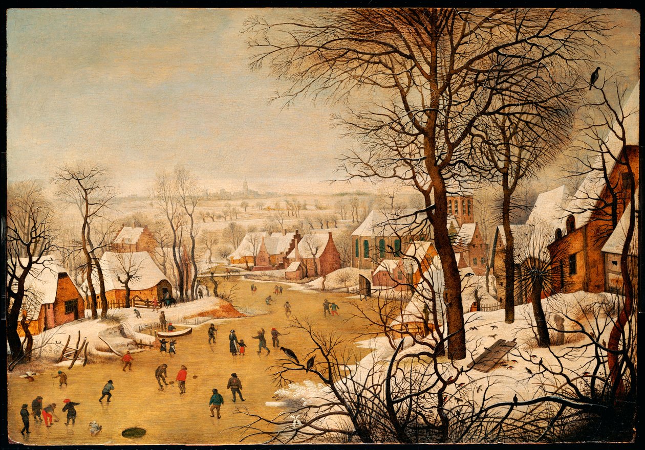 Et vinterlandskap med skatere og en fuglefelle av Pieter Brueghel the Younger