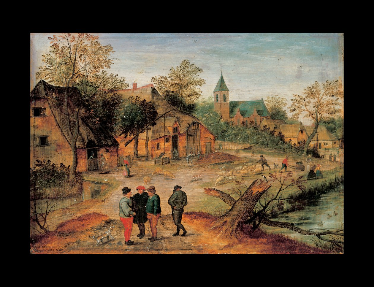 Et landsbylandskap med bønder som samtaler i forgrunnen, 1634 av Pieter Brueghel the Younger