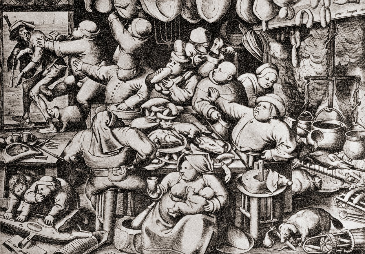 Tigger blir kastet ut av en rikmanns kjøkken, på 1500-tallet (gravering) av Pieter the Younger Brueghel