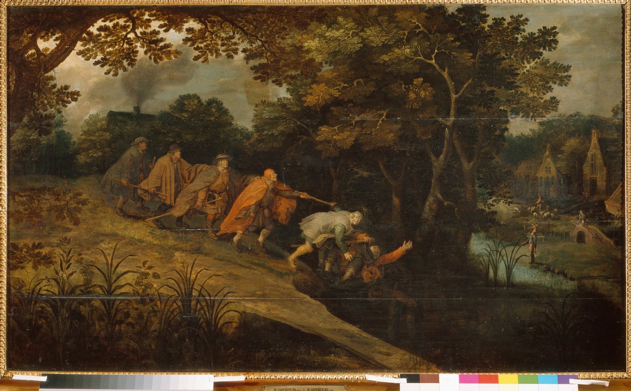 Den blinde leder den blinde. Maleri av Pieter Bruegel sa den unge (eller Pierre Breugel eller Peter Brueghel eller Breughel) (ca. 1564-1638), olje på tre. flamsk primitiv kunst av Pieter the Younger Brueghel