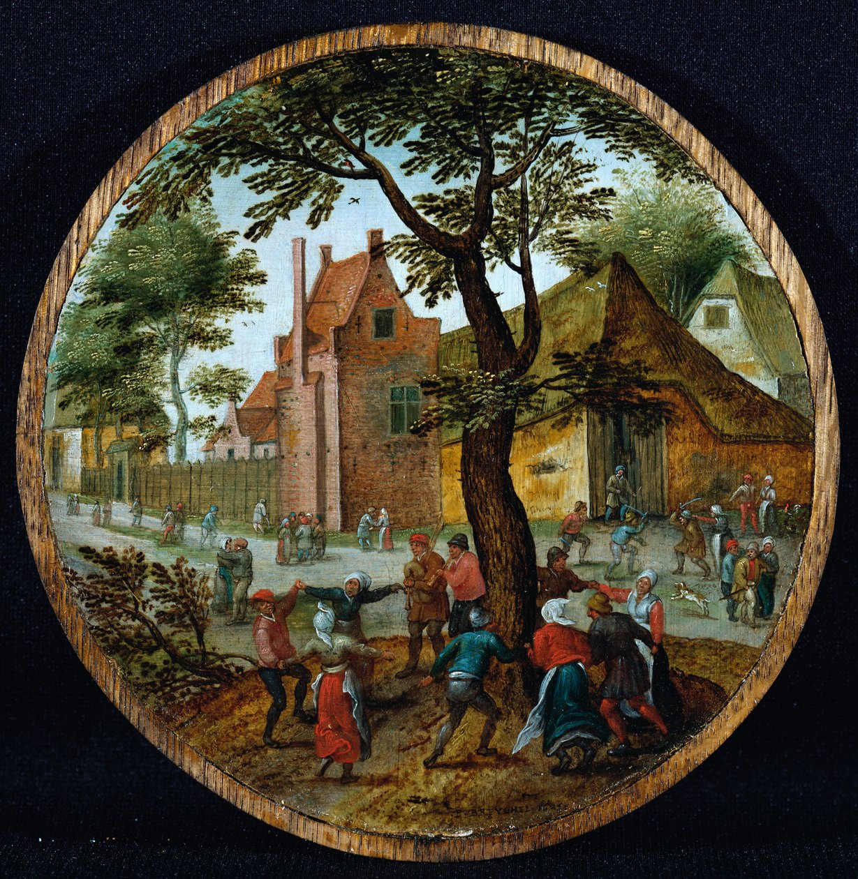 Bønder danser rundt et tre i en landsbygate, 1625 av Pieter Brueghel the Younger