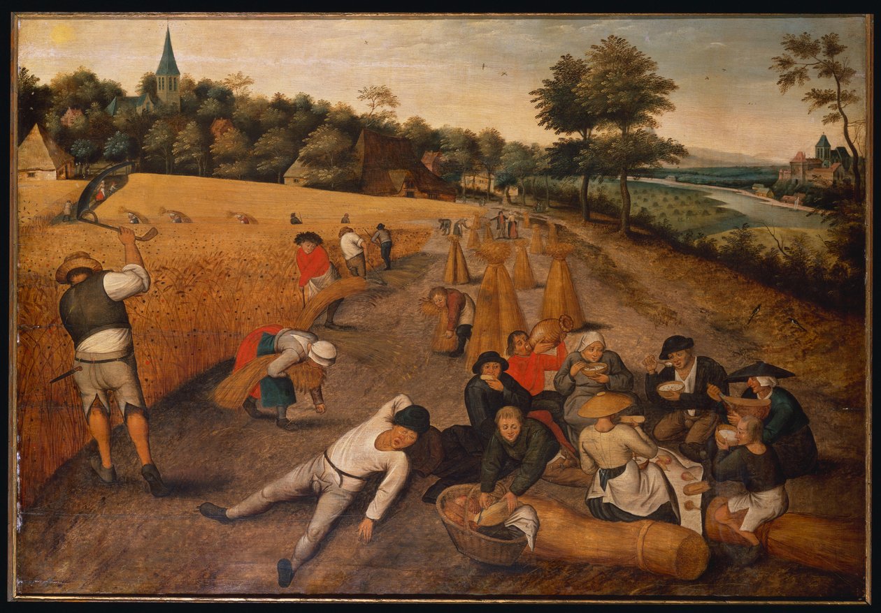 Sommer: Høstmaskiner som arbeider og spiser i en kornåker, 1624 av Pieter Brueghel the Younger