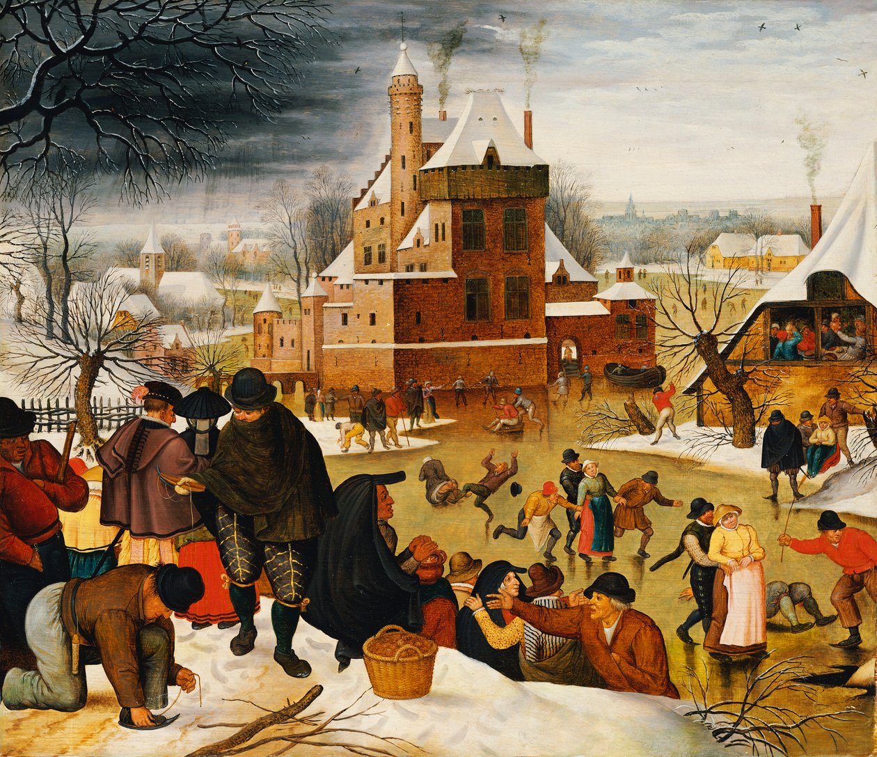 Byfolk på skøyter på en slottsgrav (olje på panel) av Pieter the Younger Brueghel