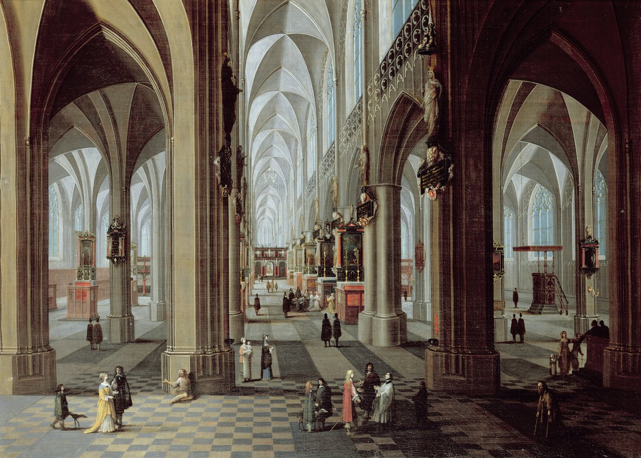 Interiør i Antwerpen katedral (olje på lerret) av Pieter the Younger Neeffs