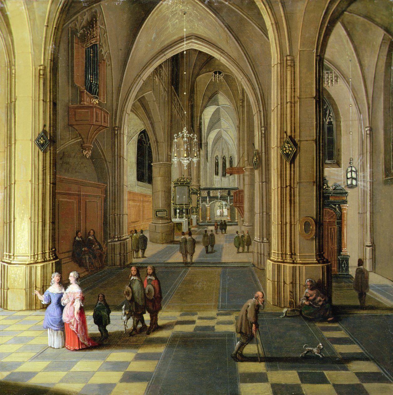 Interiøret i en gotisk katedral med to kvinner i samtale av Pieter the Younger Neeffs