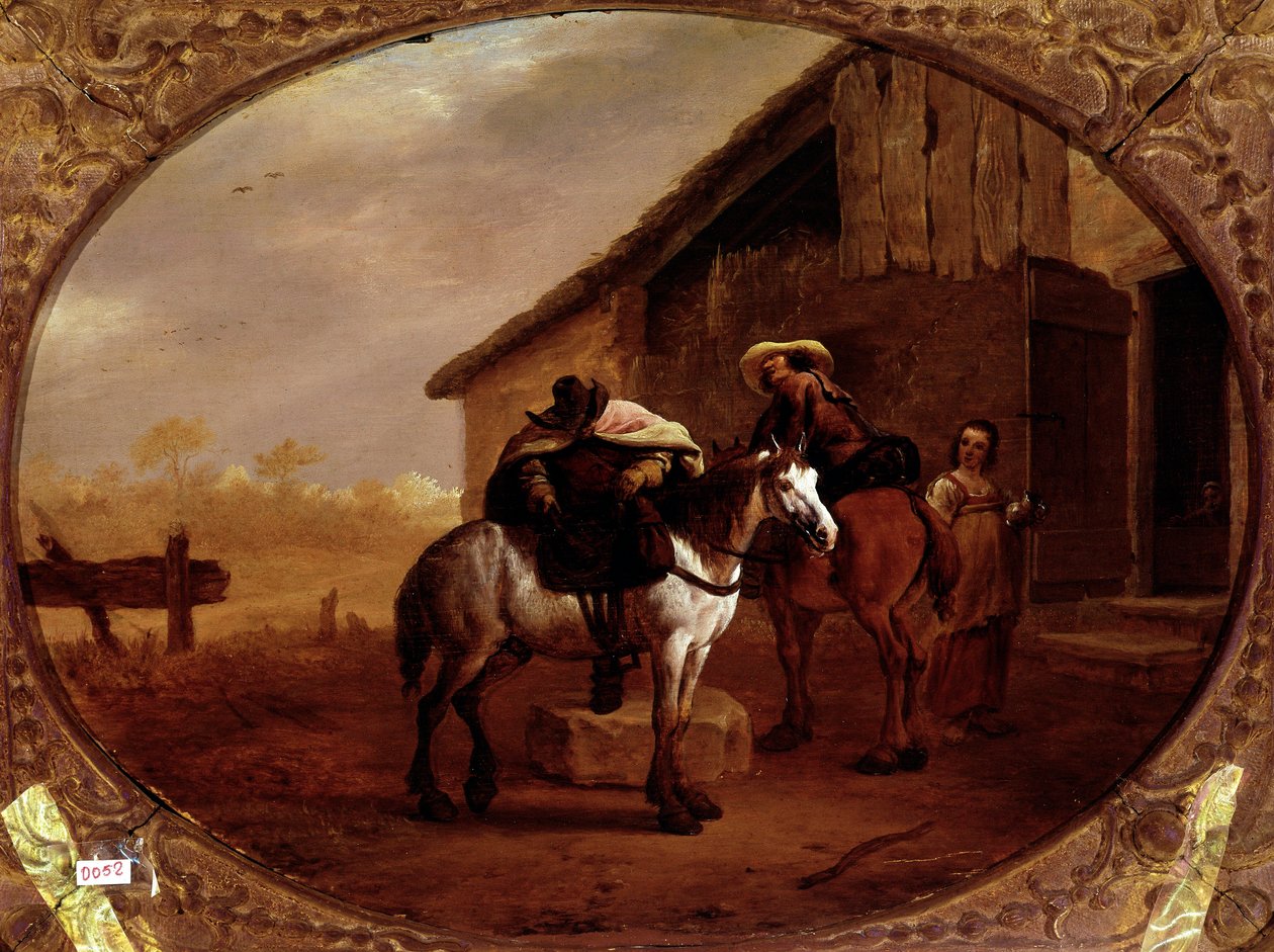 Avgang fra hotellet To ryttere rir på hestene sine etter et stopp i et vertshus. Maleri av Pieter Van Laer dit Bamboccio (BAmboche ou Bamboots) (1592/5-1642) (ec.holl.) 1600-tallet Søn. 32x43 cm Paris, musee du Louvre - Avgang fra vertshuset, av Piet av Pieter van Laar