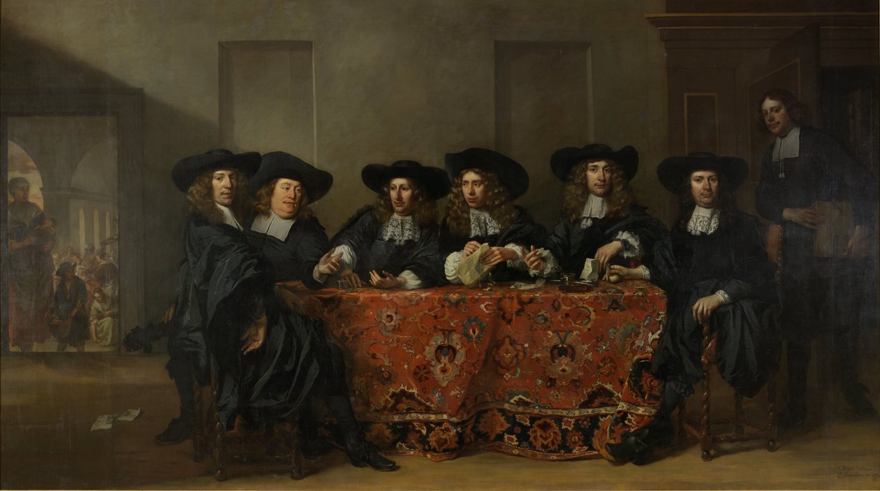 Seks regenter og husmesteren ved Oude Zijds Institute for the Outdoor Relief of the Poor, Amsterdam, 1675 av Pieter van Anraedt