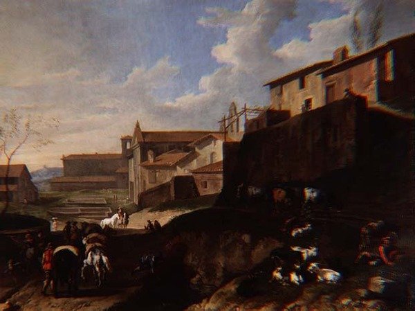 Capriccio-utsikt med kirker, hytter og reisende (olje) av Pieter van Bloemen