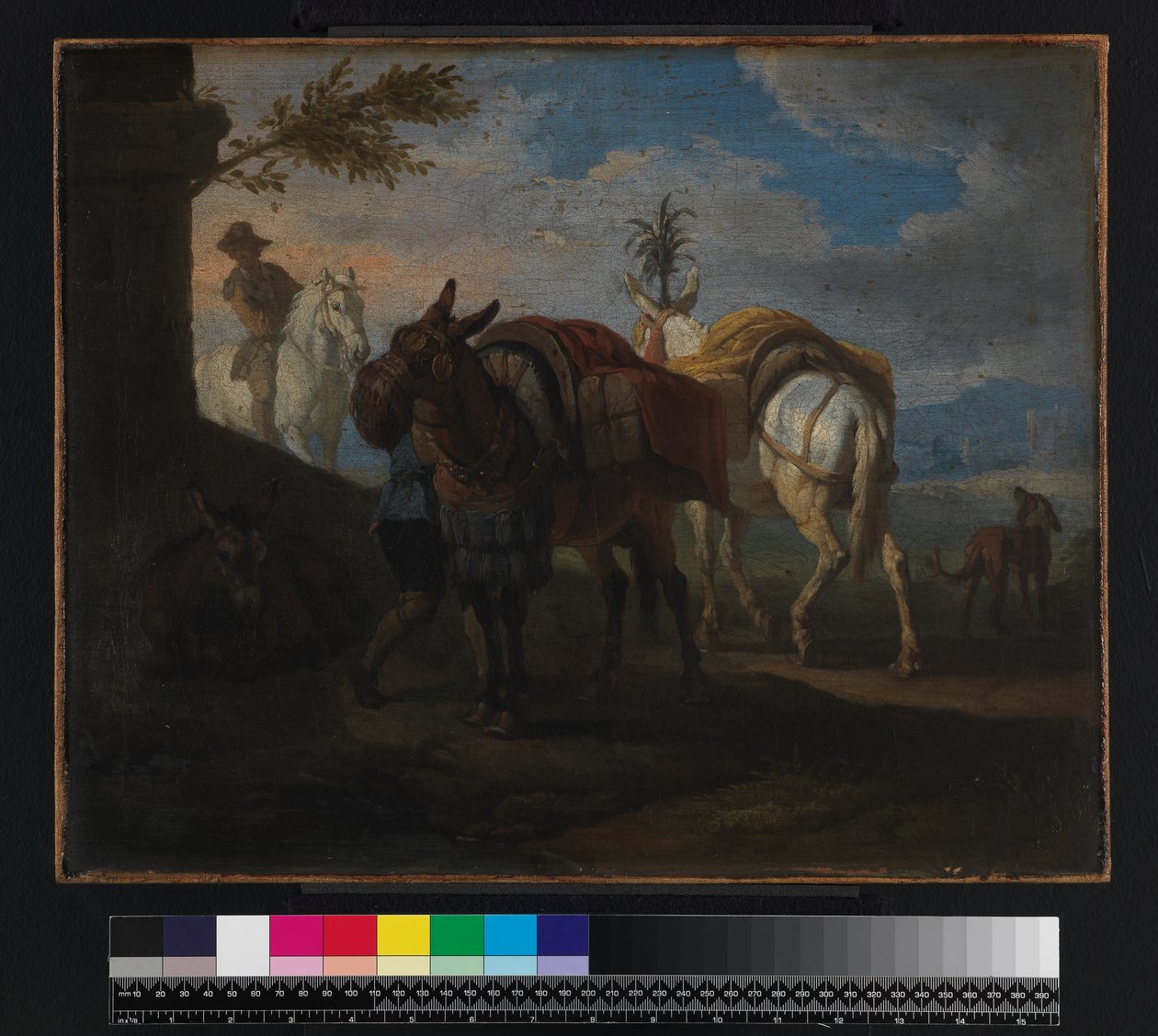 Muldyr som stopper ved veikanten, før 1720 av Pieter van Bloemen
