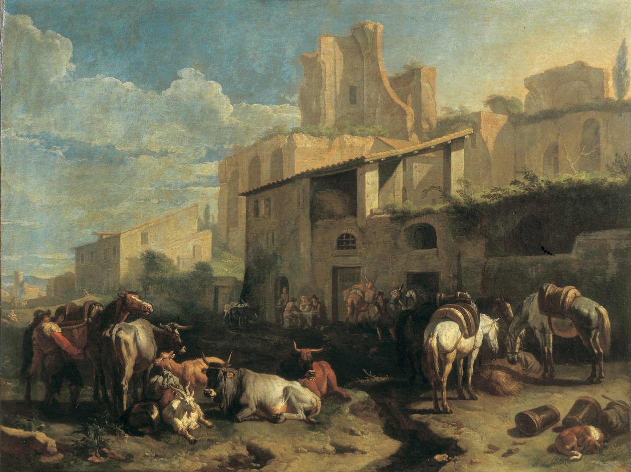 Reisende og ulike dyr stopper foran en taverna med romerske ruiner i bakgrunnen av Pieter van Bloemen
