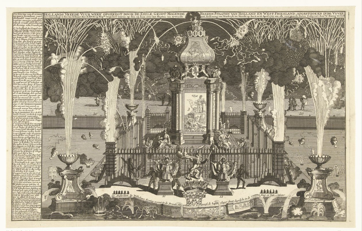 Fyrverkeri til ære for freden i Utrecht, 1713 Nederlandsk fredsfyrverkeri reist av Noble Groot Mogende Heeren-statene Holland og Vest-Friesland, avfyrt i elven til Haag (...) (tittel på objekt) av Pieter van Buysen jr.