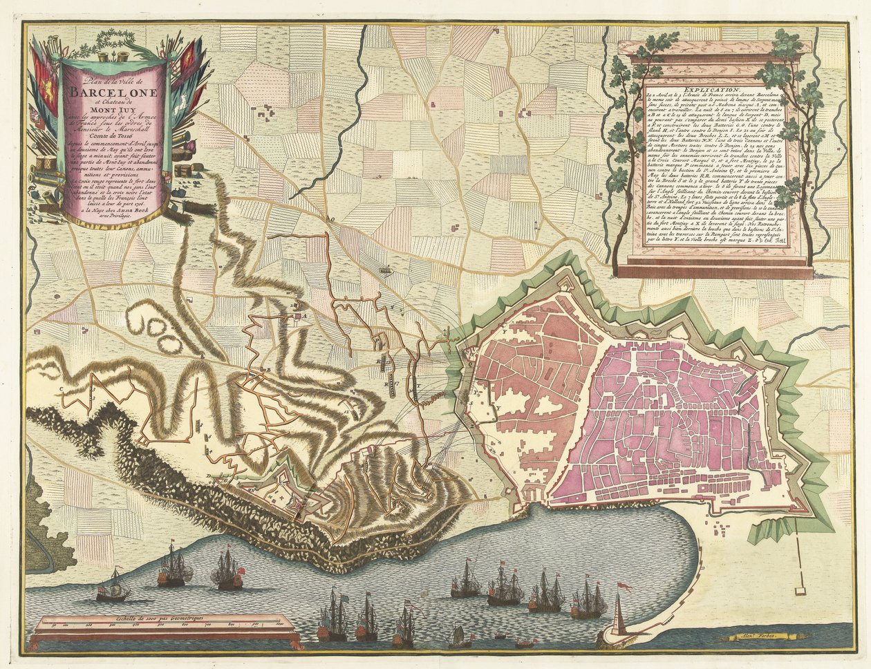 Kart av det beleg av Barcelona, ​​​​1706 Kart over byen Barcelona og Chateau de Mont Juy med tilnærmingene til Army of France (...) (tittel på objekt) av Pieter van Call (II)