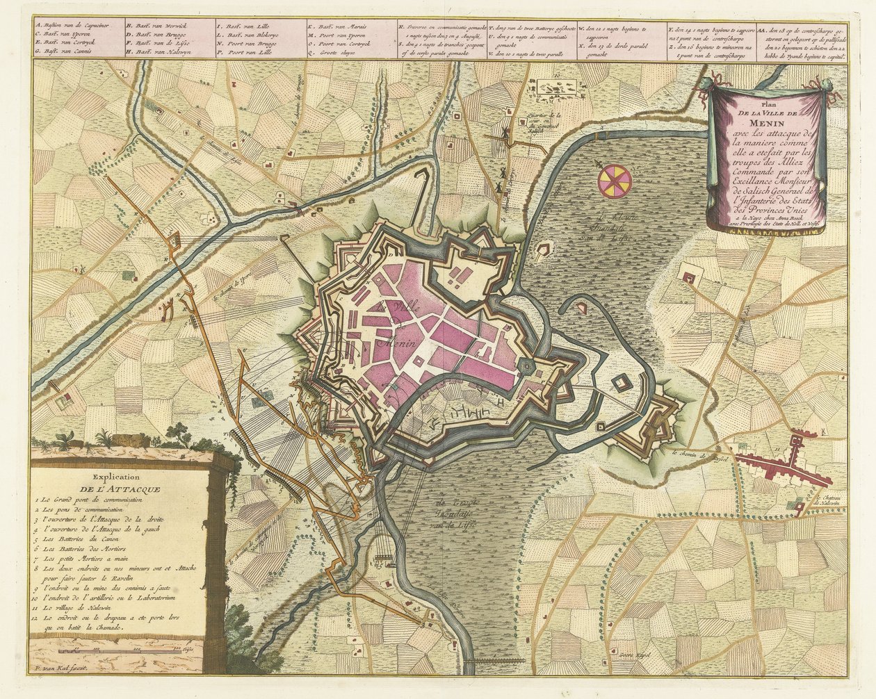 Kart van het beleg van Menen, 1706 Plan for byen Menin med angrepene (...) av troppene til de allierte (...). (tittel på objekt) av Pieter van Call (II)