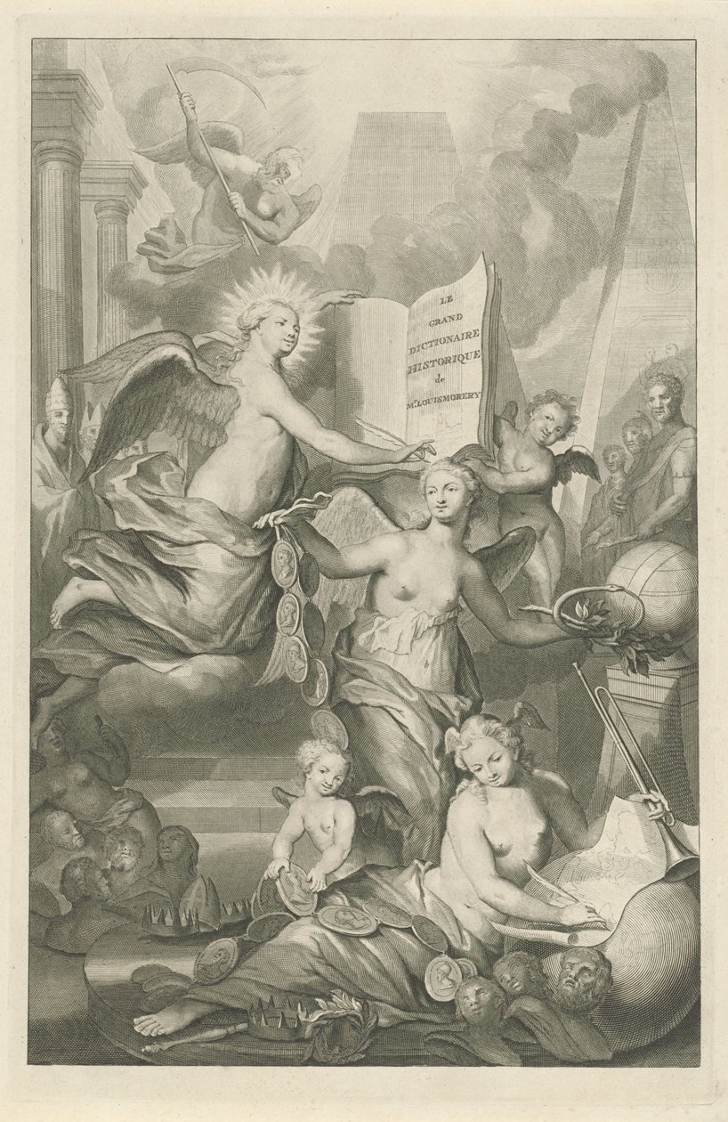Berømmelse, evighet og skrivekunst Tittelside for Louis Moréri, Le grand dictionaire historique, 1731 av Pieter van Gunst