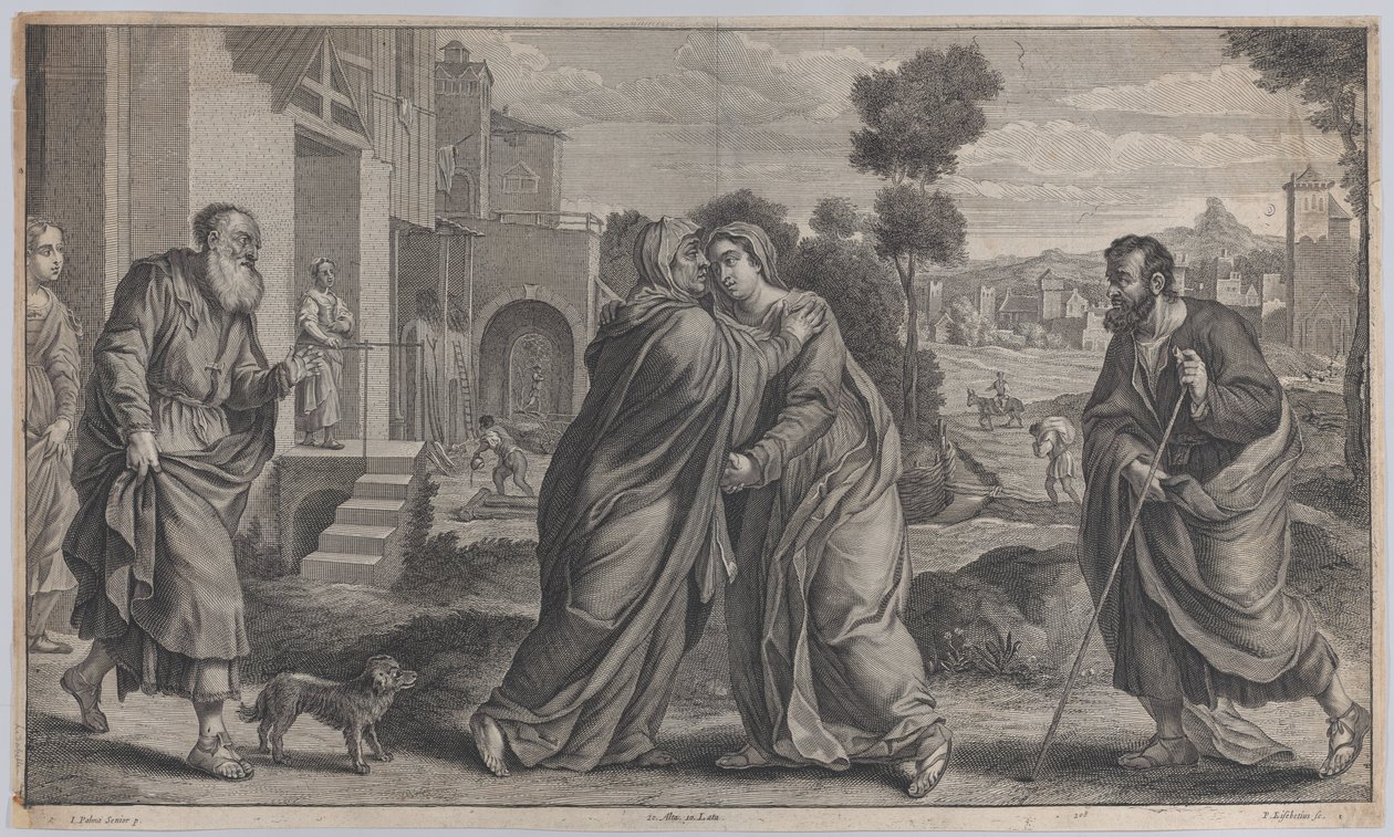 Visitation, Saint Elizabeth omfavner jomfruen i sentrum mens Saint Joseph går til..., ca. 1656-60 av Pieter van Lisebetten
