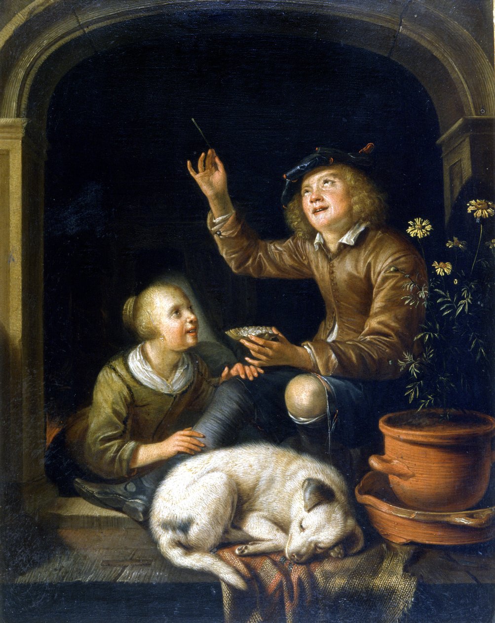 Såpeboblen. Maleri av Pieter Cornélisz van Slingelandt (1625 - 1691). Castello-museet i Milano. av Pieter van Slingelandt