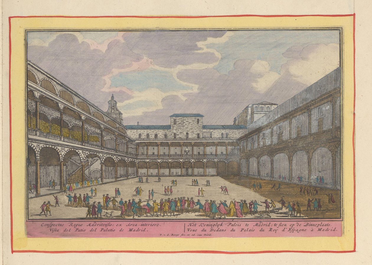 Gårdsplassen til det kongelige palasset i Madrid Det kongelige palasset i Madrid; å bli sett på Binnenplaats (tittel på objekt) Theatrum Hispaniae (...) (serietittel) av Pieter van den Berge