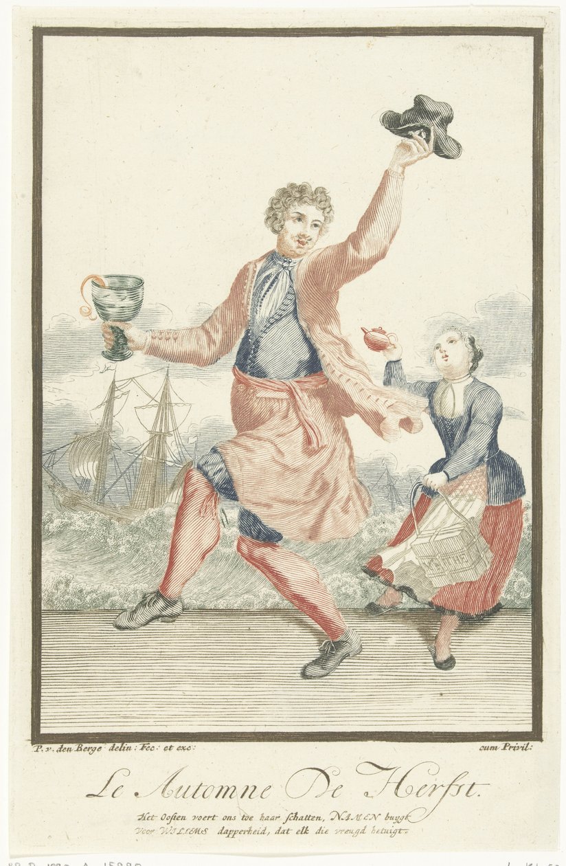 Dansende mann med en rumling i hånden Le Automne / The Autumn (tittel på objekt) The Four Seasons (serietittel) av Pieter van den Berge