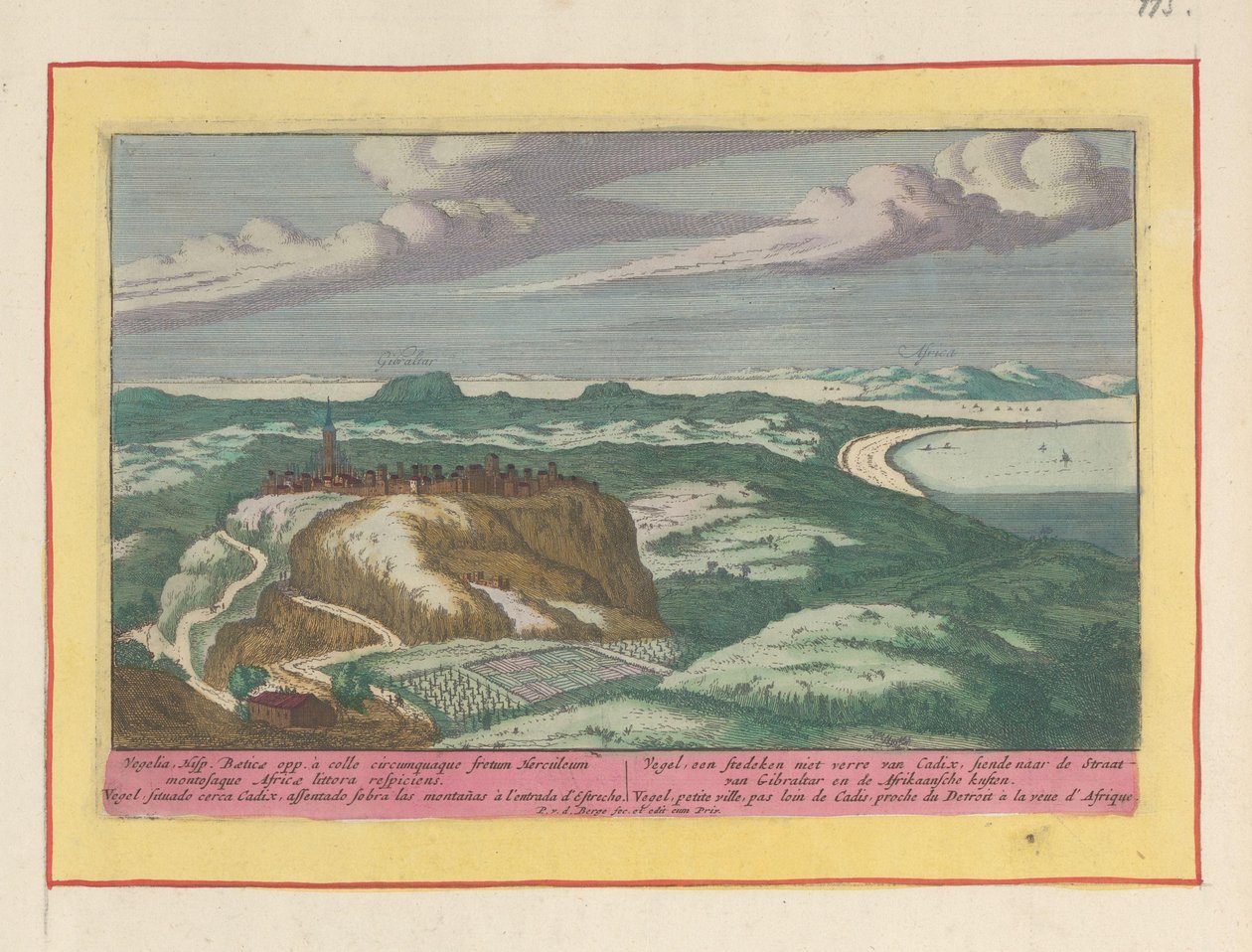 Utsikt over Vejer de la Frontera Vegel, en Stedeken ikke langt fra Cadix, med utsikt til Gibraltarstredet og de afrikanske kystene (tittel på objekt) Theatrum Hispaniae (...) (serietittel) av Pieter van den Berge