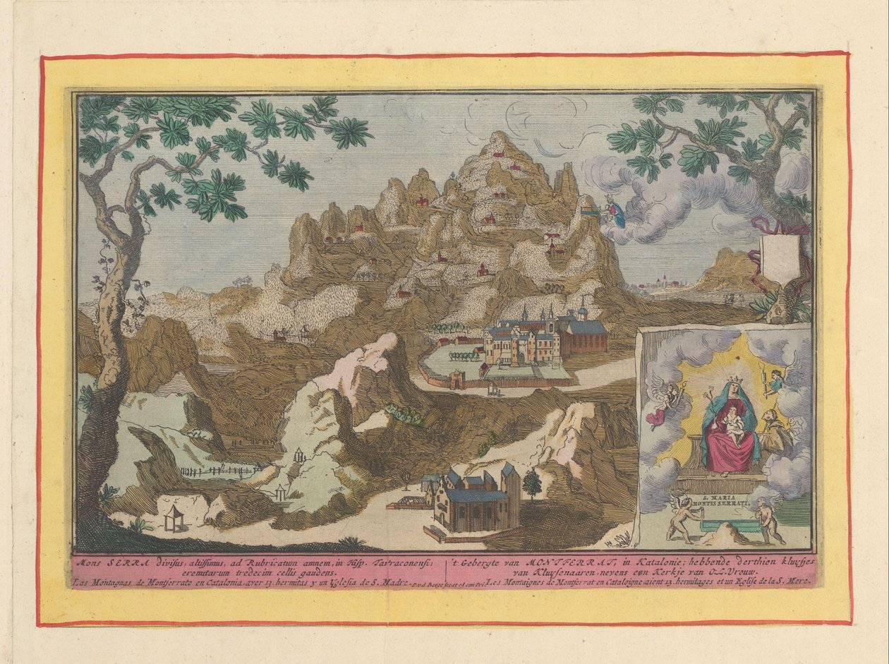 Utsikt over fjellet Montserrat Montferrat-fjellene, i Catalonia; å ha tretten kluysjes fra Kluysenaaren, ved siden av en Vår Frue kirke (tittel på objekt) Theatrum Hispaniae (...) (serietittel) av Pieter van den Berge