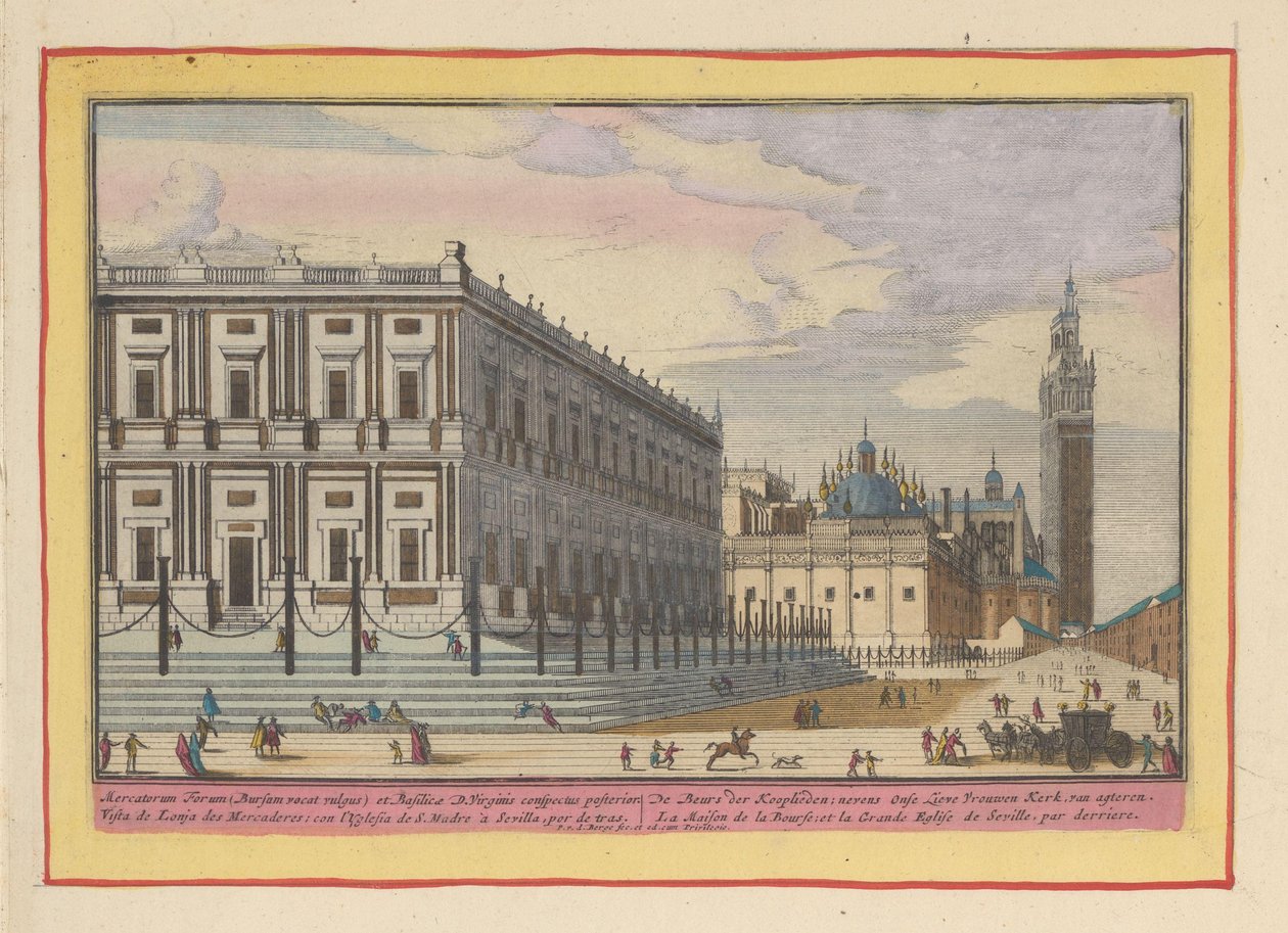 Utsikt over børsen i Sevilla Kjøpmannsmessen; ved siden av Vår Frue kirke, van agteren (tittel på objekt) Theatrum Hispaniae (...) (serietittel) av Pieter van den Berge