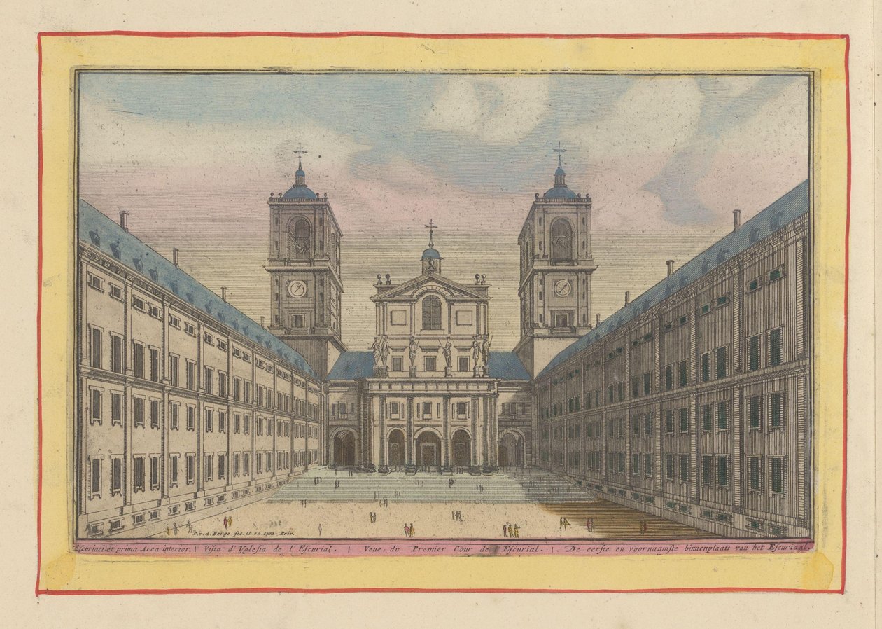 Utsikt over gårdsplassen og inngangen til kirken San Lorenzo i Escorial Den første og hovedgårdsplassen til Escurial (tittel på objekt) Theatrum Hispaniae (...) (serietittel) av Pieter van den Berge