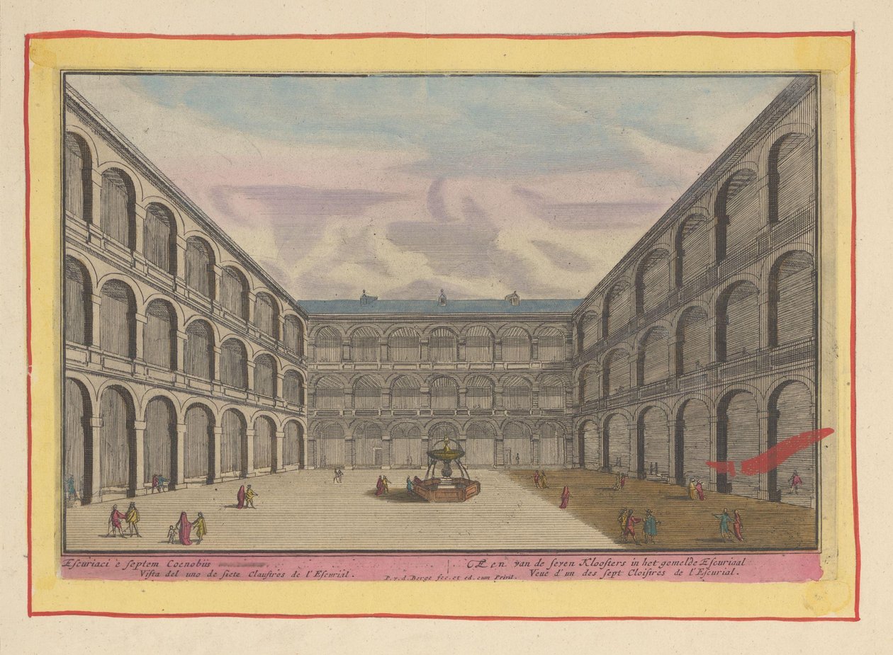 Utsikt over gårdsplassen til et av klostrene i Escorial Et av de syv klostrene i den rapporterte Escurial (tittel på objekt) Theatrum Hispaniae (...) (serietittel) av Pieter van den Berge