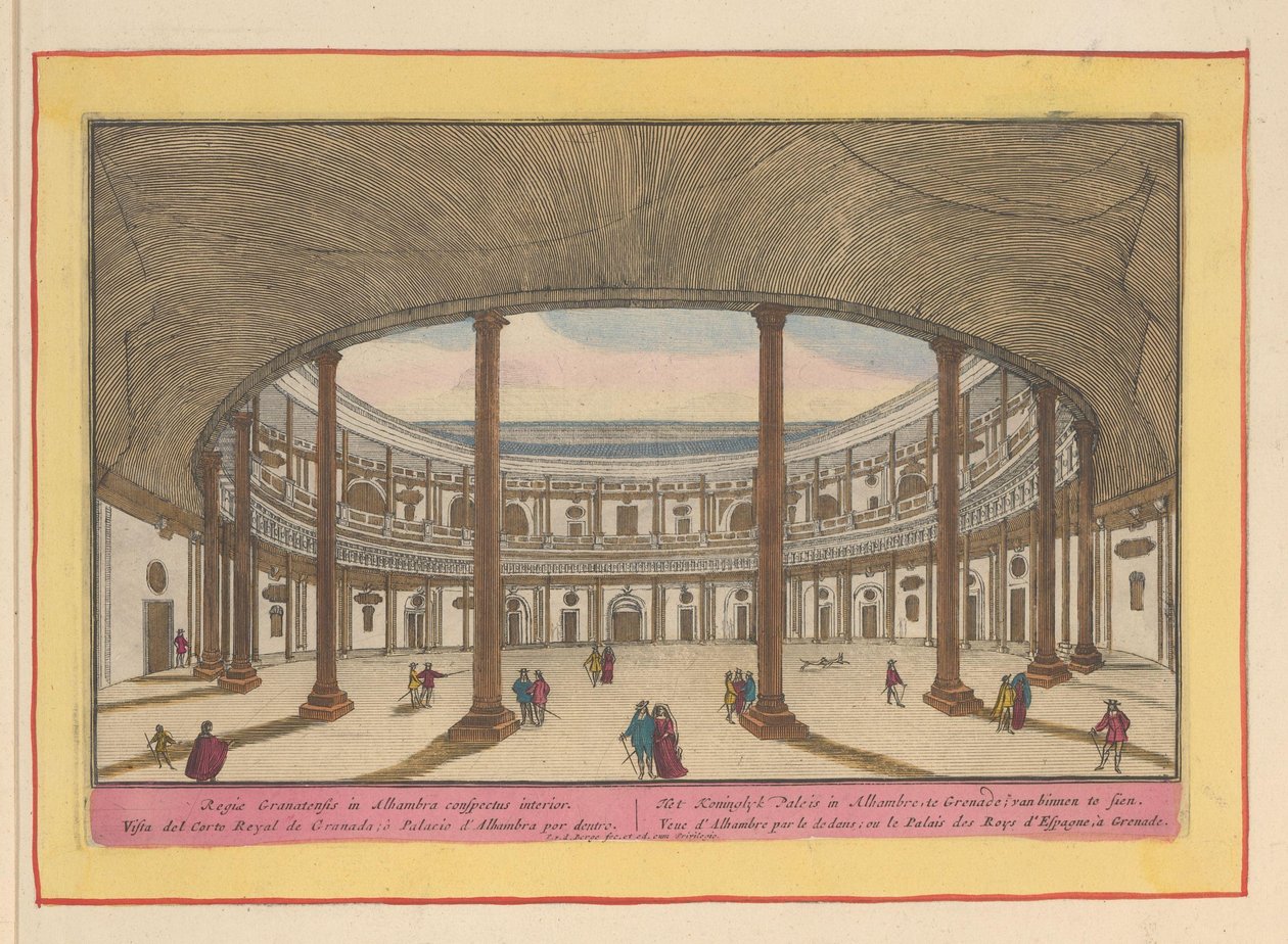 Utsikt over gårdsplassen til Charles V-palasset i Granada Det kongelige slott i Alhambre, i Granat; å se innenfra (tittel på objekt) Theatrum Hispaniae (...) (serietittel) av Pieter van den Berge