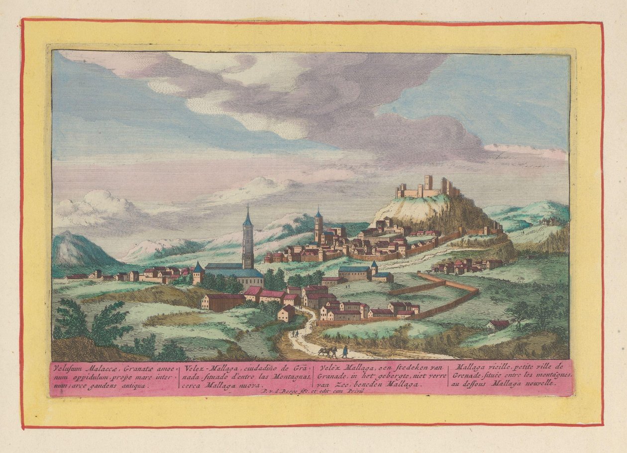 Utsikt over stedet Vélez-Málaga i Andalusia Vélez Mallaga, en by i Granade, i fjellene, ikke langt fra havet, nedenfor Mallaga (tittel på objekt) Theatrum Hispaniae (...) (serietittel) av Pieter van den Berge