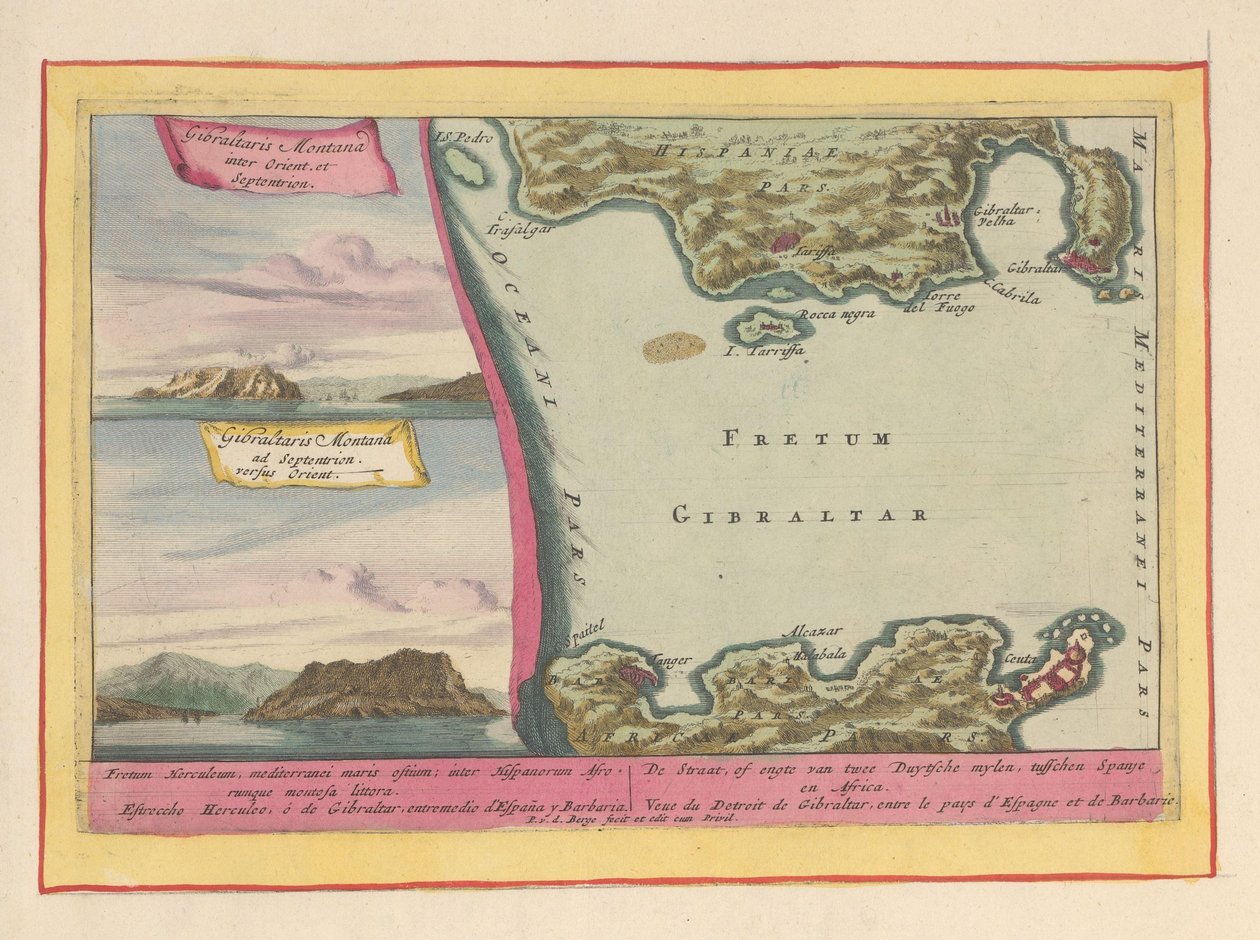 Utsikt over Gibraltar-klippen og et kart over Gibraltarstredet Sundet, eller sundet av to Duytsche mylen, mellom Spania og Afrika (...) (tittel på objekt) Theatrum Hispaniae (...) (serietittel) av Pieter van den Berge
