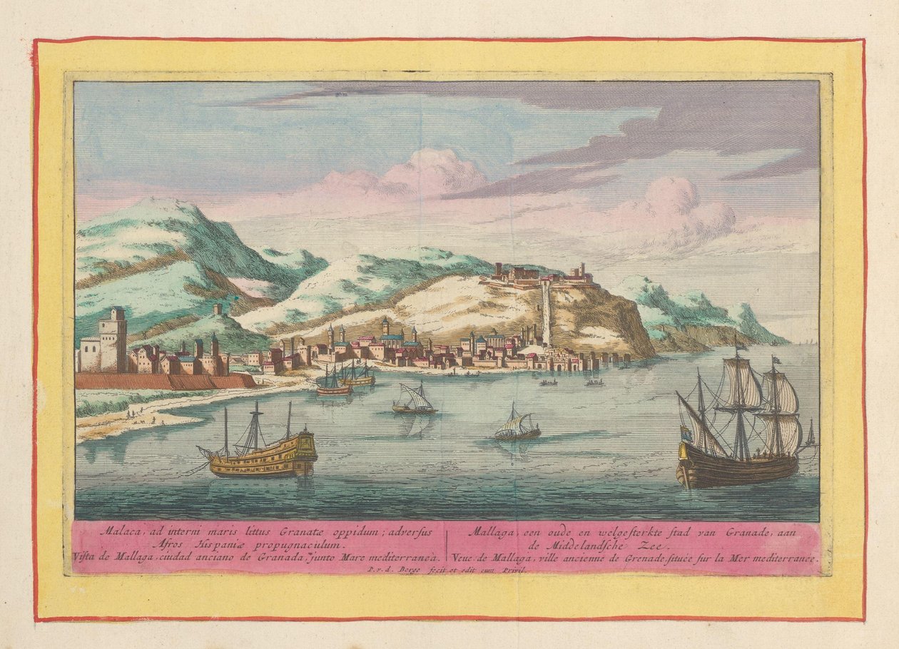 Utsikt over byen Málaga ved Middelhavet Mallaga, en gammel og befestet by Granade, ved Middelhavet (tittel på objekt) Theatrum Hispaniae (...) (serietittel) av Pieter van den Berge