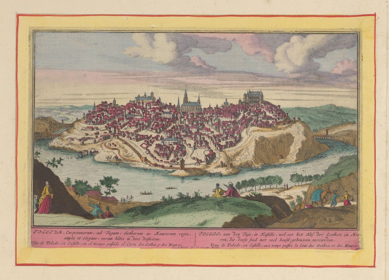 Utsikt over byen Toledo Toledo, ved Tajo, i Castilla; hedre domstolen for goterne og maurerne, som dekorerte denne byen med mange hovedbygninger (tittel på objekt) Theatrum Hispaniae (...) (serietittel) av Pieter van den Berge