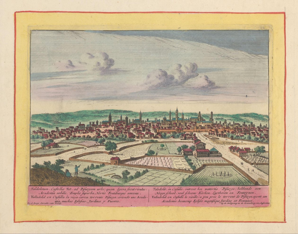 Utsikt over byen Valladolid Valedolit, i Castilla, er fra vannet i Pisurga; ha en videregående skole, mange vakre kirker, Lusthoven og Fonteynen (tittel på objekt) Theatrum Hispaniae (...) (serietittel) av Pieter van den Berge
