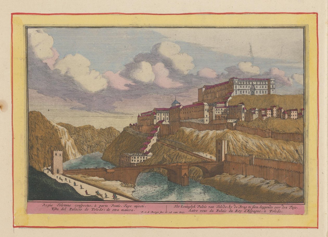 Utsikt over Alcazar de Toledo Det kongelige palasset i Toledo; ved broen for å bli sett, liggende over Tajo (tittel på objekt) Theatrum Hispaniae (...) (serietittel) av Pieter van den Berge