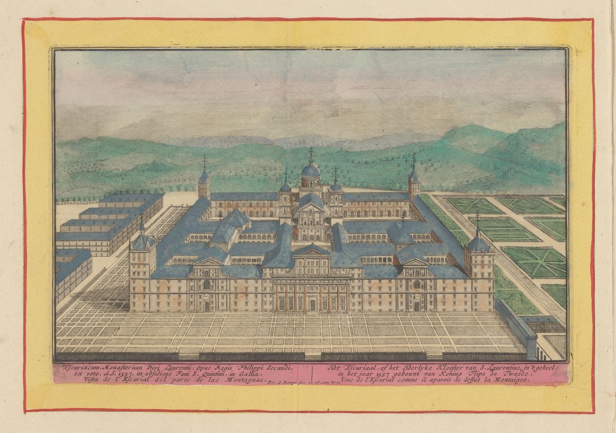Escorial i fugleperspektiv Escuriaal, eller Heerlyke-klosteret i S. Laurentius, i sin helhet: bygget i år 1557 av kong Filip den andre (tittel på objekt) Theatrum Hispaniae (...) (serietittel) av Pieter van den Berge