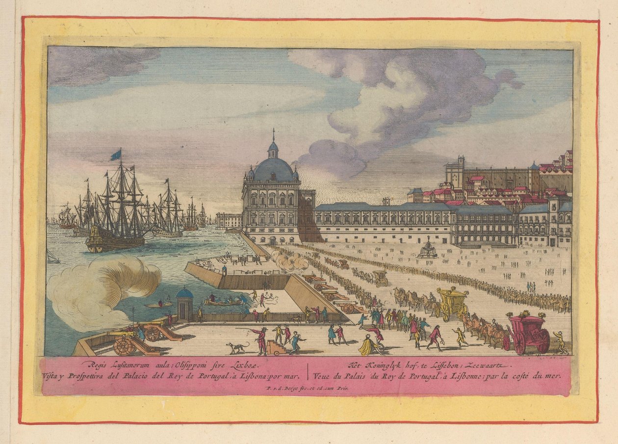 Utsikt over det kongelige palasset i Lisboa og forgården med folk Det kongelige hoff i Lisboa; Zeewaartz (tittel på objekt) Theatrum Hispaniae (...) (serietittel) av Pieter van den Berge