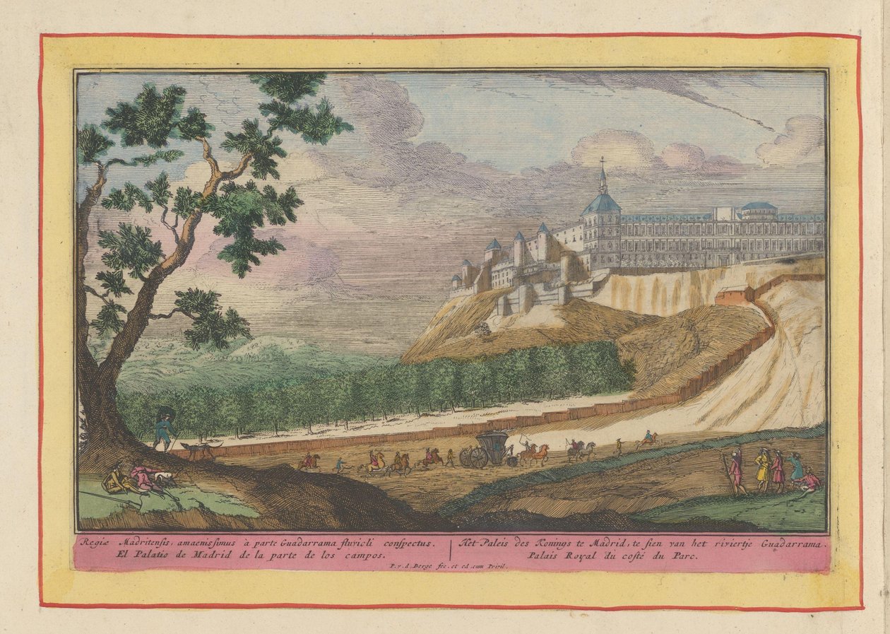 Utsikt over det kongelige palasset i Madrid Kongens palass i Madrid, sett fra elven Guadarrama (tittel på objekt) Theatrum Hispaniae (...) (serietittel) av Pieter van den Berge