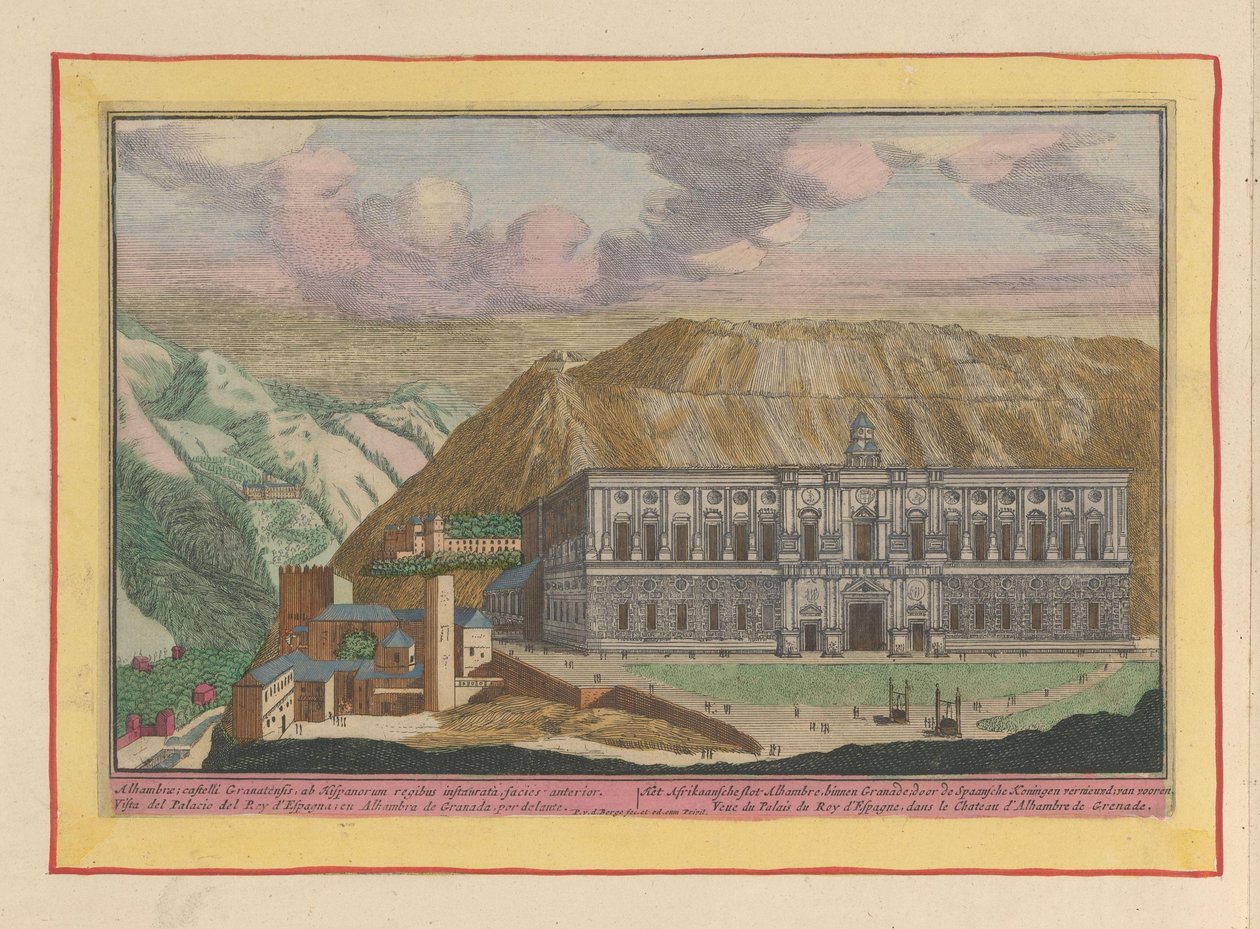 Utsikt over palasset til Charles V i Granada Det afrikanske slottet Alhambre, i Granade; fornyet av de spanske kongene; van vooren (tittel på objekt) Theatrum Hispaniae (...) (serietittel) av Pieter van den Berge