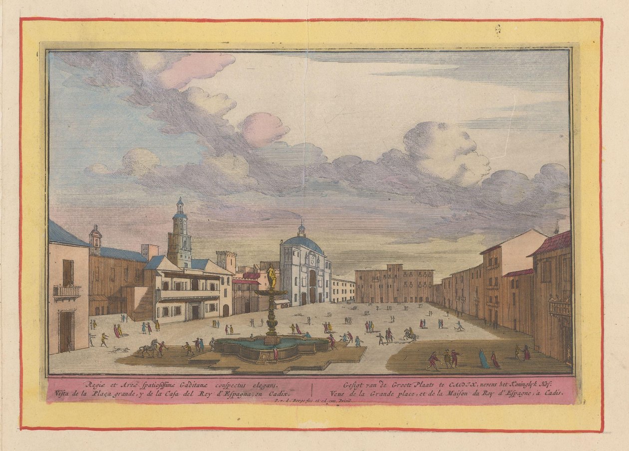 Utsikt over hovedtorget i Cádiz Gesigt av det store stedet i Cdix, ved siden av Koninglyk Hof (tittel på objekt) Theatrum Hispaniae (...) (serietittel) av Pieter van den Berge
