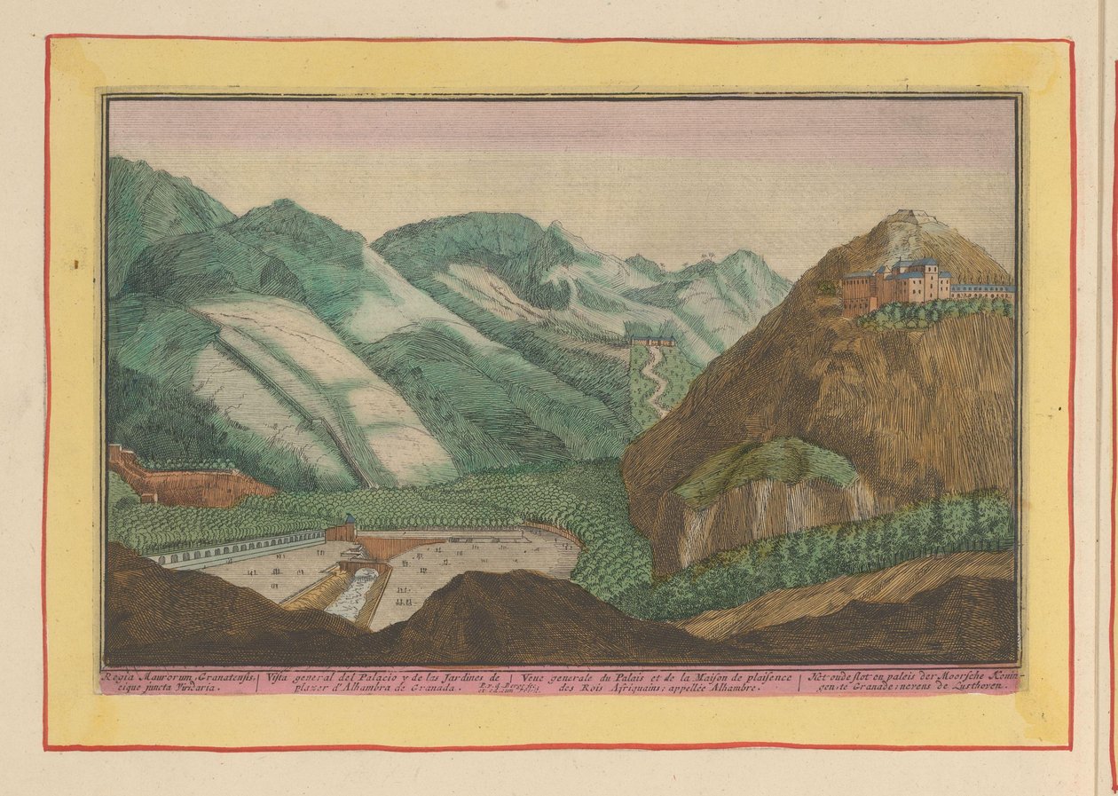 Utsikt over palasset og hagene til de mauriske kongene i Granada Det gamle slottet og palasset til de mauriske kongene, ved Granade; ved siden av Lusthoven (tittel på objekt) Theatrum Hispaniae (...) (serietittel) av Pieter van den Berge