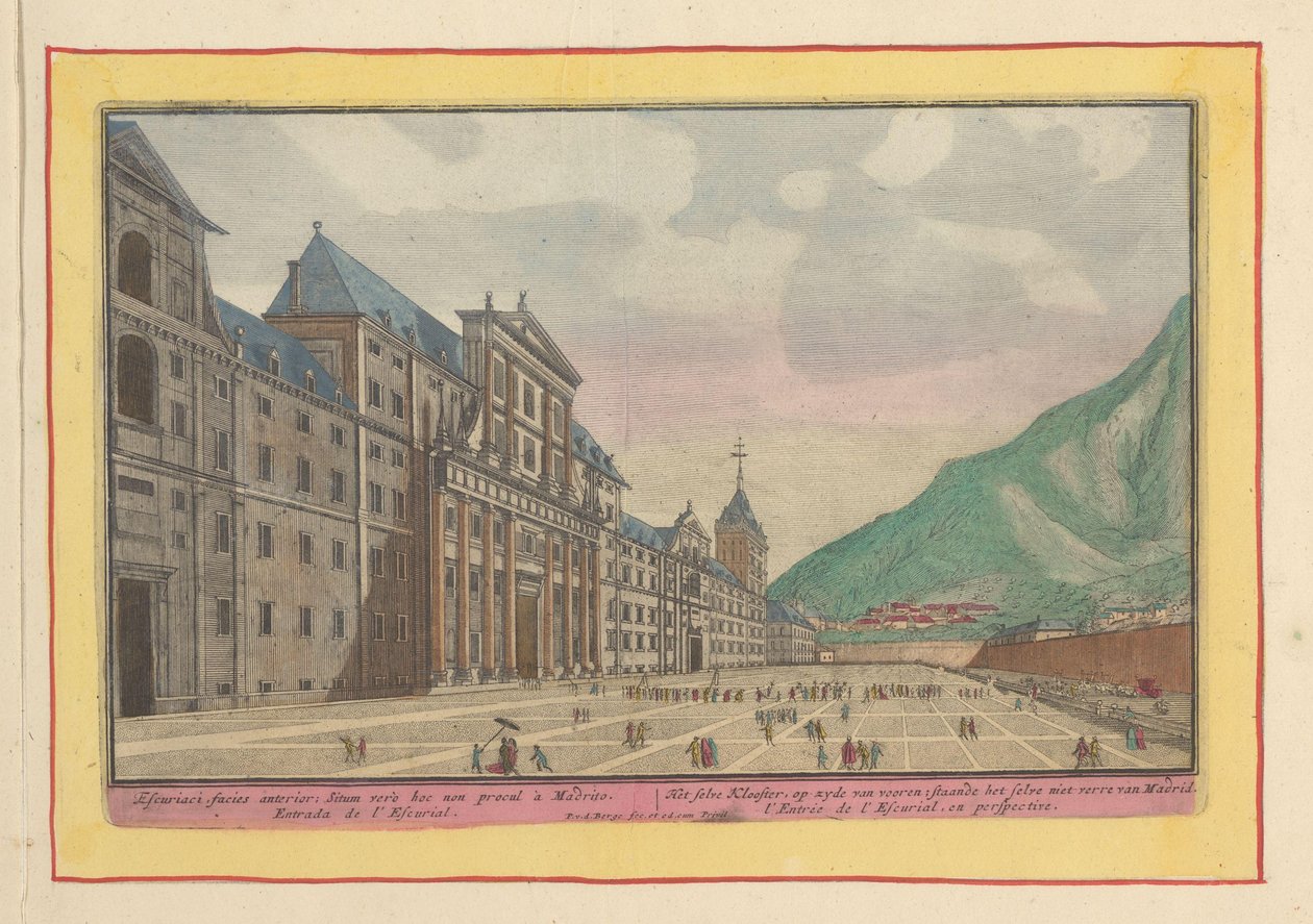 Utsikt over forplassen og fasaden til Escorial Selvklosteret, på siden av fronten; stå selv ikke langt fra Madrid (tittel på objekt) Theatrum Hispaniae (...) (serietittel) av Pieter van den Berge
